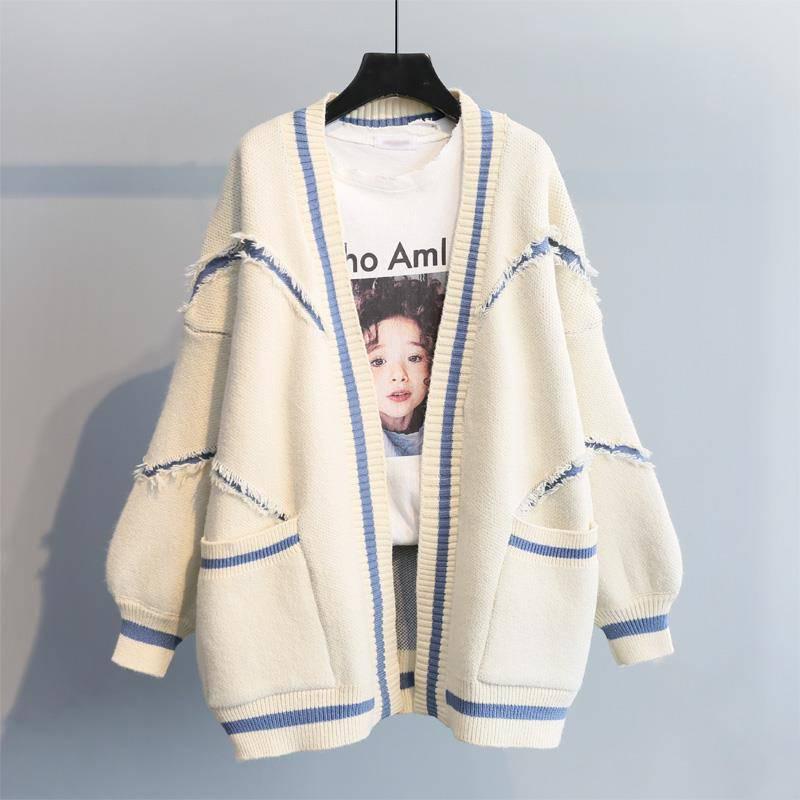 Pofulove Autumn Winter Women's Loose Alphabet Thick Knit Mid-length Sweater Cardigan Coat Women