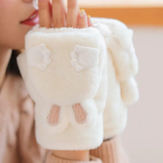 Student Cute Rabbit Flip Open Finger Plush Plus Velvet Gloves Korean Warm Cute Girl Gloves Winter