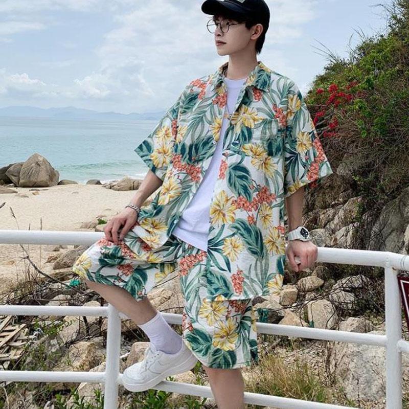 Summer Beach Shirt Men Tees Half Sleeve Clothes Leaf Fruit Print T-shirt Button Up Top Casual Male Undies Plus Size Overshirt