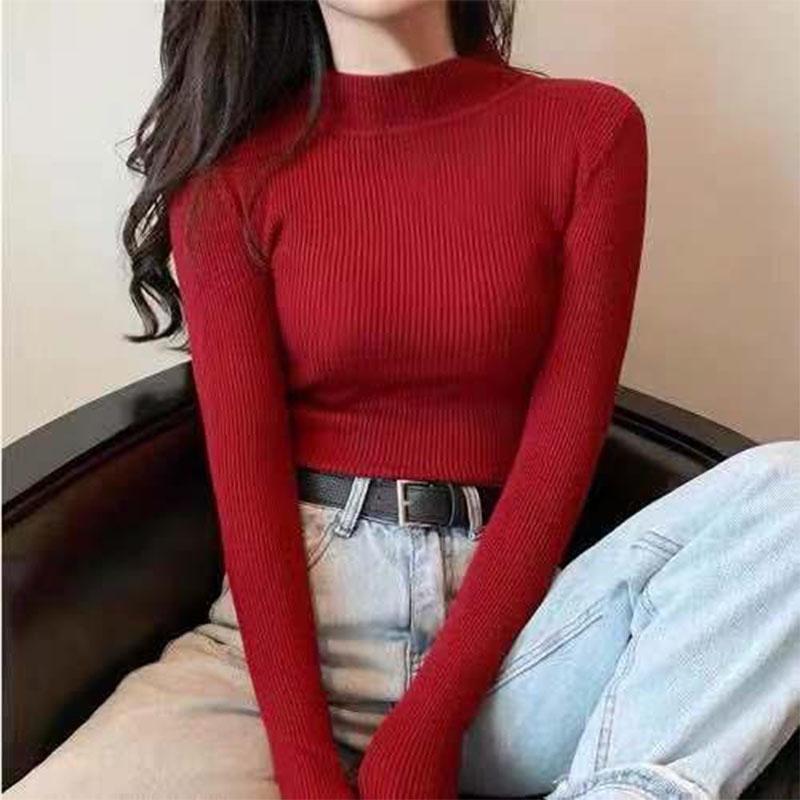 Autumn and Winter Long-sleeved  All-match Solid Color Korean Half Turtleneck Sweater Student Slim Knit Bottoming Shirt Top Women