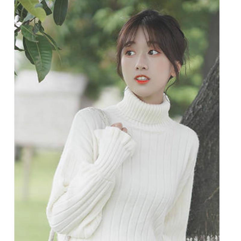 Thick Solid Color Inner Pull-up Turtleneck Sweater Women Lantern Sleeves Wild Knitted Top