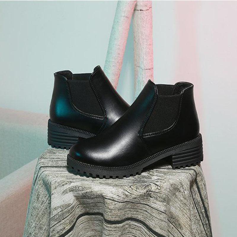 Ankle Boots for Women Thick Bottom Round Toe Leather Boots  All-match Platform Shoes Chunky Heel Plus Velvet Warm Chelsea Boots Plus Size 35-43