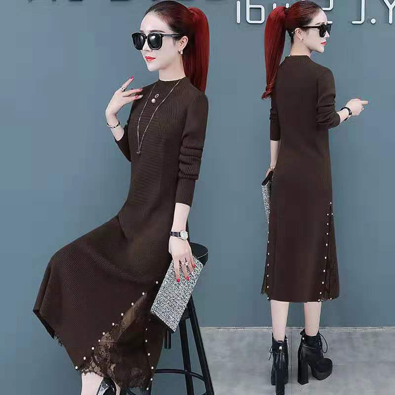 Sweater Dress Female Long-sleeved Autumn Winter Thickened Over Knee Knitted Skirt Black Long Skirt