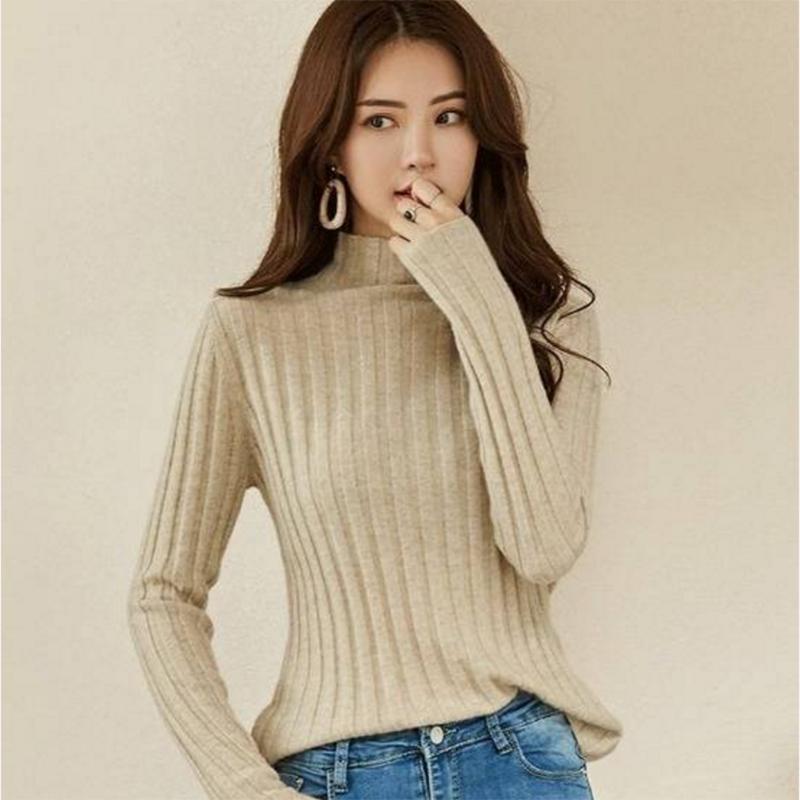 Slim Fit Stripe Sweater Half-High-Neck Solid Color Pullover Base Shirt Sweater