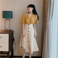 Summer Retro Goddess Skirt Two-piece Set V-neck Cotton Linen Short-sleeved Shirt High Waist Button Flower Edge A-line Skirt Suit
