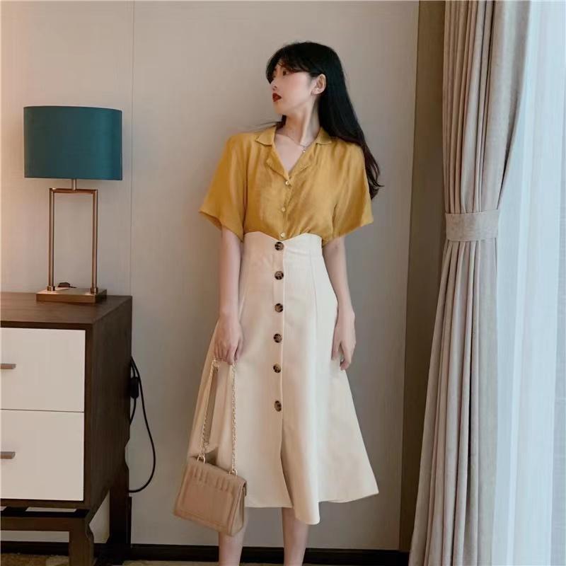 Summer Retro Goddess Skirt Two-piece Set V-neck Cotton Linen Short-sleeved Shirt High Waist Button Flower Edge A-line Skirt Suit
