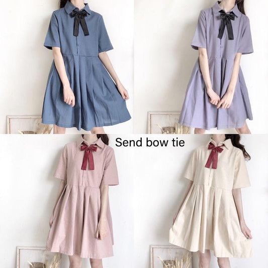 Colorful Cute Sweet Girl Bow Ruffle College Style Age Reduction Looser  Short Sleeve Dress