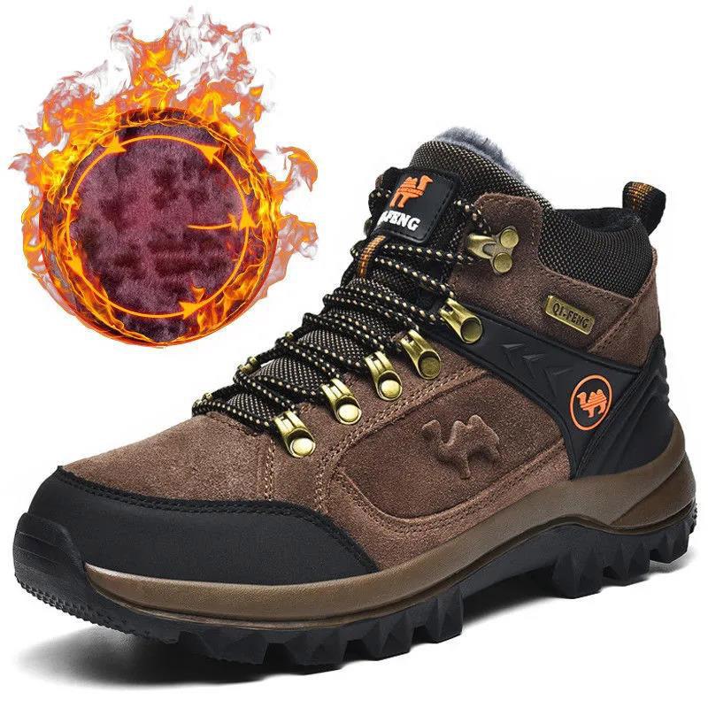 Men's Leather High-top Hiking Shoes Warm Winter Outdoor Hiking Shoes Waterproof Non-slip Wear-resistant Hiking Shoes Plus Velvet Cotton Shoes