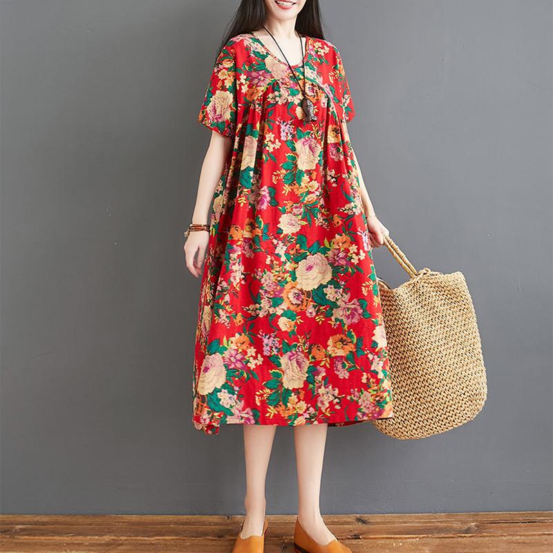 Oversized Retro Women's Cotton Loose Short-sleeved Floral Dress Loose Pleated Kaftan Robe