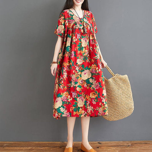 Oversized Retro Women's Cotton Loose Short-sleeved Floral Dress Loose Pleated Kaftan Robe