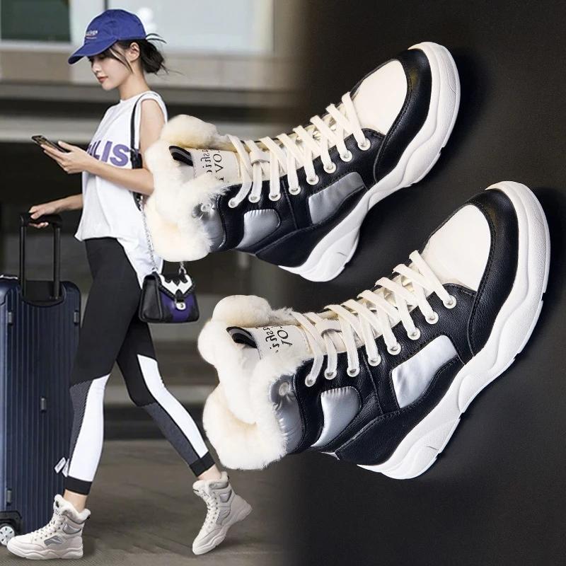 Women 's Winter Boots Black White Fur Boots Genuine Leather Ankle Booties Plush Warm Shoes Sneakers Snow Boots Plus Size 35-42