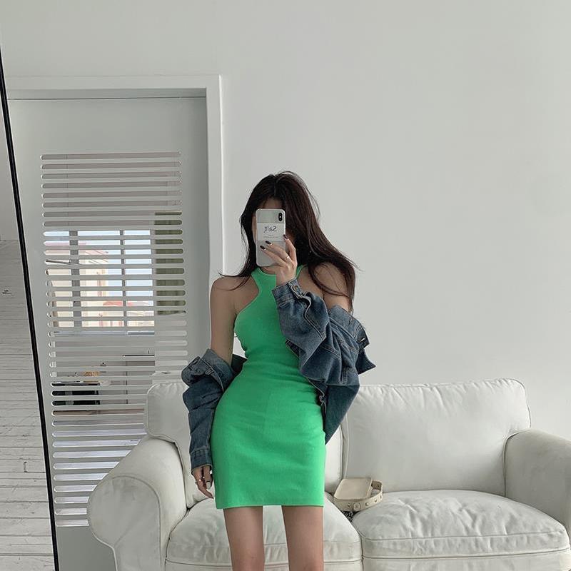 Sexy Knitted Tight-fitting Dress High Elasticity  Solid Color Round Neck Women Summer One Size 3 Color