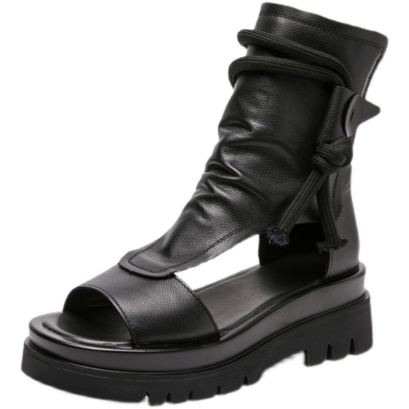 Women's Soft Leather Flat Sandals Platform Fish Mouth Sandals Mid-heel Casual High-top Roman Shoes