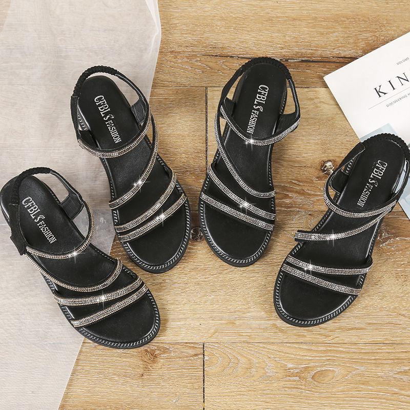 Sandals Female 2020 Roman Shoes Casual Women Summer Korean Flat Bottom Wear Rhinestone Fairy Wild Fashion Non-slip Pointed Leather Shoes