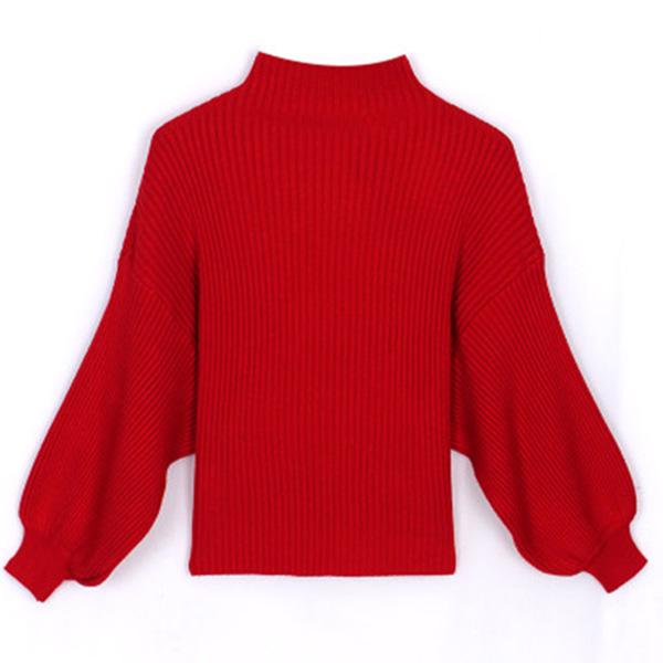 Short Lantern Sleeve Autumn/Winter Blouse Loose Pullover Long Sleeve Sweater Half Turtleneck Knitwear Women