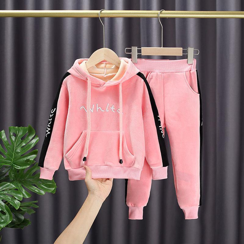 Girls Gold Silk Double-faced Fleece Casual Spring, Autumn and Winter Suit Korean Version of The Two-piece Suit