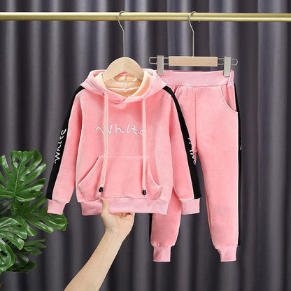 Girls Gold Silk Double-faced Fleece Casual Spring, Autumn and Winter Suit Korean Version of The Two-piece Suit