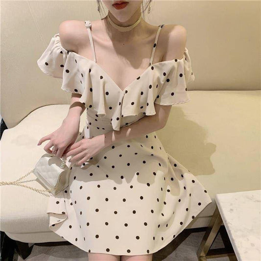 Female Summer Vintage Simple Elegant Wave Point Dress Sling Short Graceful Slim Party Dress