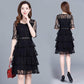 Pofulove M-4XL Women Summer Chiffon A-line Dress Lace Mid-length O-neck Cake Dress Evening Dress