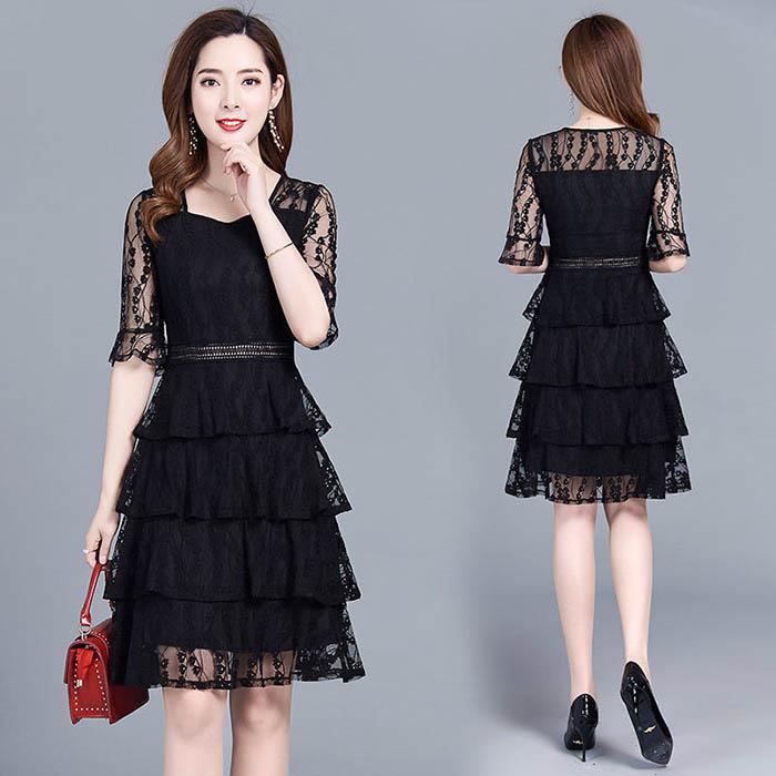 Pofulove M-4XL Women Summer Chiffon A-line Dress Lace Mid-length O-neck Cake Dress Evening Dress