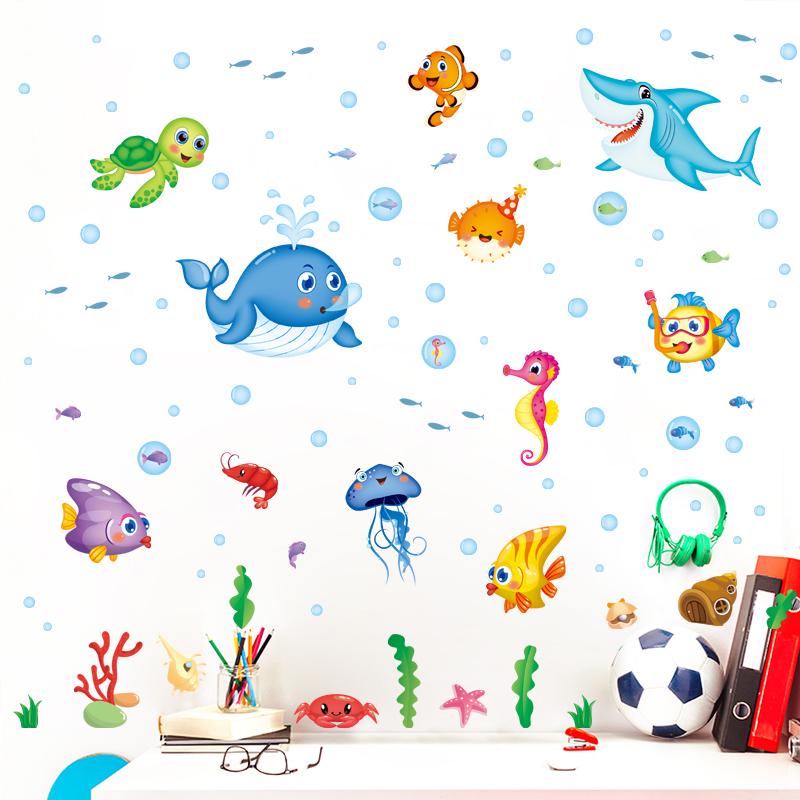 [Wall stickers] cartoon happy fish sea world wall stickers for kids rooms bedroom kitchen bathroom h