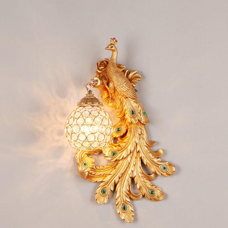 Retro peacock crystal LED wall lamp living room background bedroom bedside peacock phoenix wall lamp