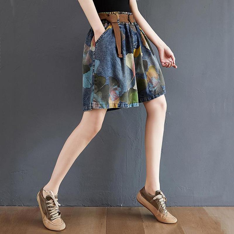 WTEMPO Women's Plus Size Retro Print Denim Shorts High Waist Look Thin Loose Wide Leg Shorts