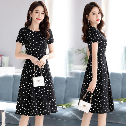 Wave Point Dress Women Boho V-neck Slim A Line Party Dress Casual Short Sleeve Polka Dot Black Dresses Beach