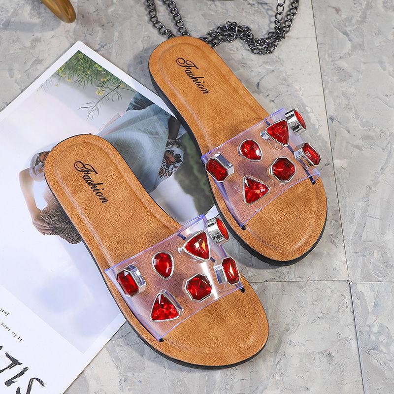 Slippers for Women's Outer Wear Summer Gemstone Decoration Non-slip Soft-soled Sandals Women's Flat Sandals Flat Shoes for Indoor and Outdoor Wear