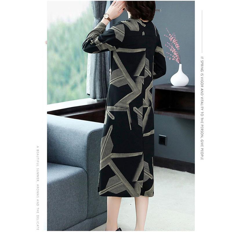 Large Size Long-sleeved Dress Women Spring and Autumn Mid-length Over-the-knee Bottoming Skirt Round Neck Print