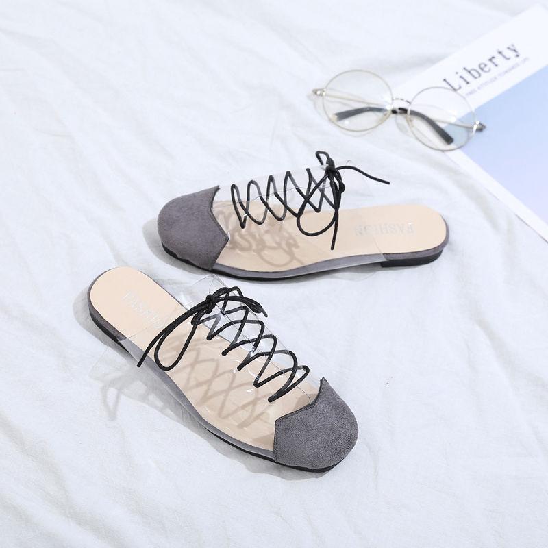 Transparent Half Slippers Women Spring and Summer Square Head Lace Slippers Fashion Flat Slippers Women