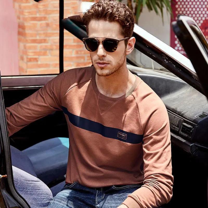 Men's Spring and Autumn Printing Shirt All-match Long-sleeved T-shirt Men's Bottoming Shirt Cotton Round Neck Comfortable Top Solid Casual Shirts