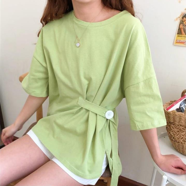Irregular button Bandage Summer Women's Fashion Tops Short Sleeve Solid Color Casual Loose T-shirt