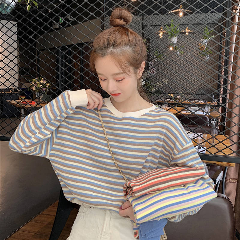 Women Stripe Print Long Sleeve Round Neck T-Shirt Top Summer Fall Lady Casual Pullovers