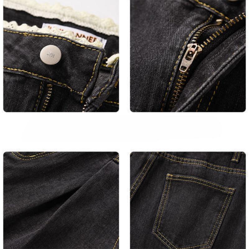 Large Size Lace Edge Jeans Women's High Waist Wide Leg Is Thin Loose Casual All-match Straight Daddy Small Mopping Pants