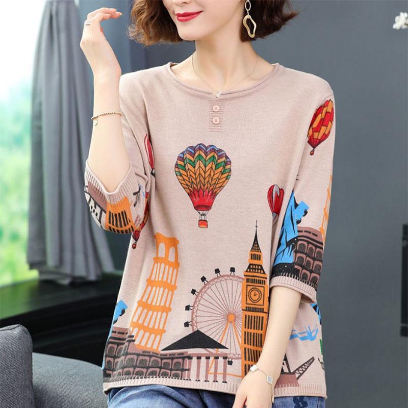 Literary Style Three-quarter Sleeve Retro Print Mother Shirt Large Size Pullover Loose All-match Knitted Sweater
