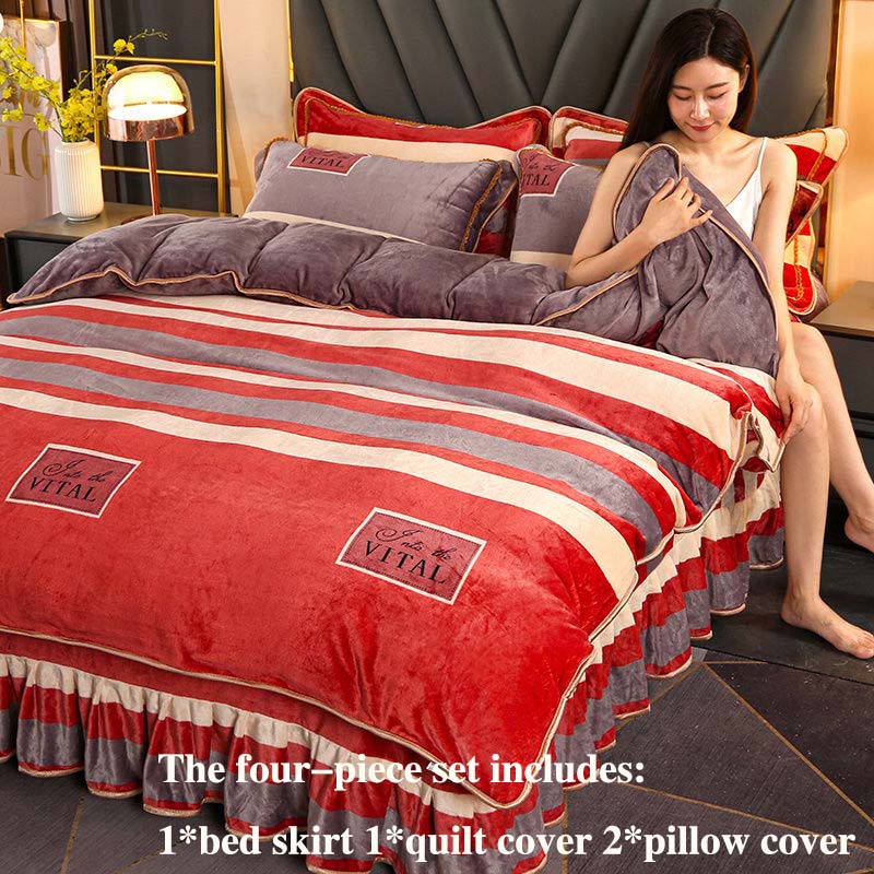 Winter Thick Milk Velvet Four-piece Bed Skirt Plus Velvet Warmth Double-sided Velvet Duvet Cover Bedding Set