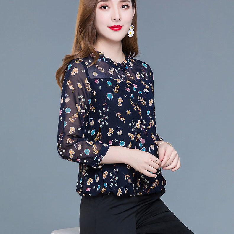 S-XXXXXL Chiffon Shirt Women's T-shirt Spring and Autumn Loose Tops Slim All-match Floral Bottoming Shirt