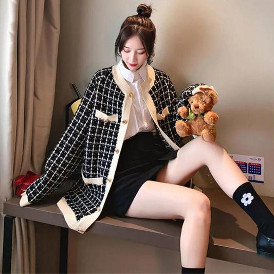 Sweater Jacket Women's Small Fragrance Knit Cardigan Houndstooth Low Round Neck Loose Temperament Women's Casual Warm Jacket