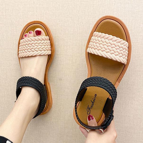 Summer Fashion Imitation Woven Buckle Strap Low heel Ethnic Style Ladies Sandals Slippers Open toe Fish Mouth Sandals Women