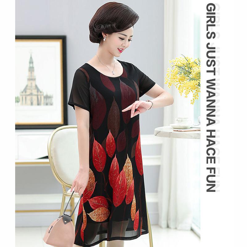 Women's Summer Dress  Middle-aged and Elderly Women's Summer Dress Large Size Chiffon Print Round Neck Short Sleeve Skirt