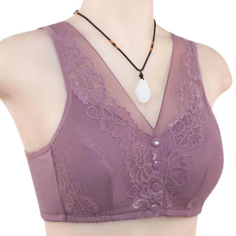 Women's Plus Size Unwired Full Cup Bra Soft Cotton Front Buckle Tank Top Anti-sagging Anti-slip Lightweight Breathable Lace Bra