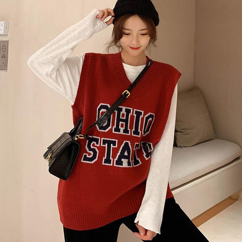 Letter V-neck Knitted Waistcoat Female Autumn Korean Version Was Thin and Western Style Wild Sleeveless Waistcoat Waistcoat