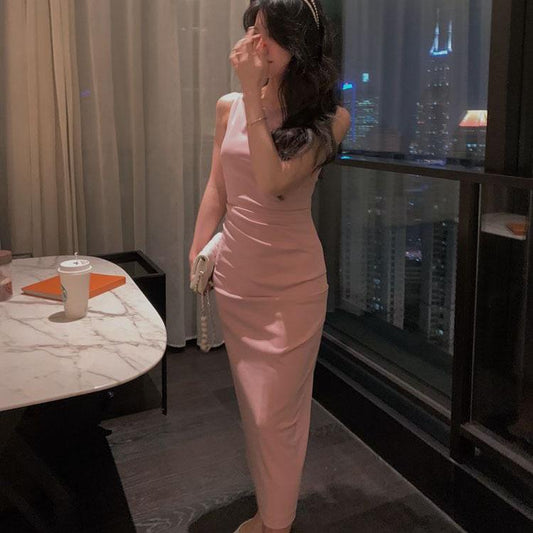 Female One Line Shoulder Elegant Pleated Suspender Dress Slim Buttock Bottom Medium Length Dress