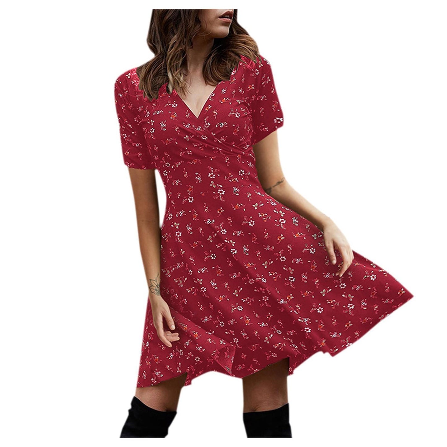 Ladies Casual Elegant V-Neck Short Sleeve Floral Vintage Dress Slim Fit Swing Skirt
