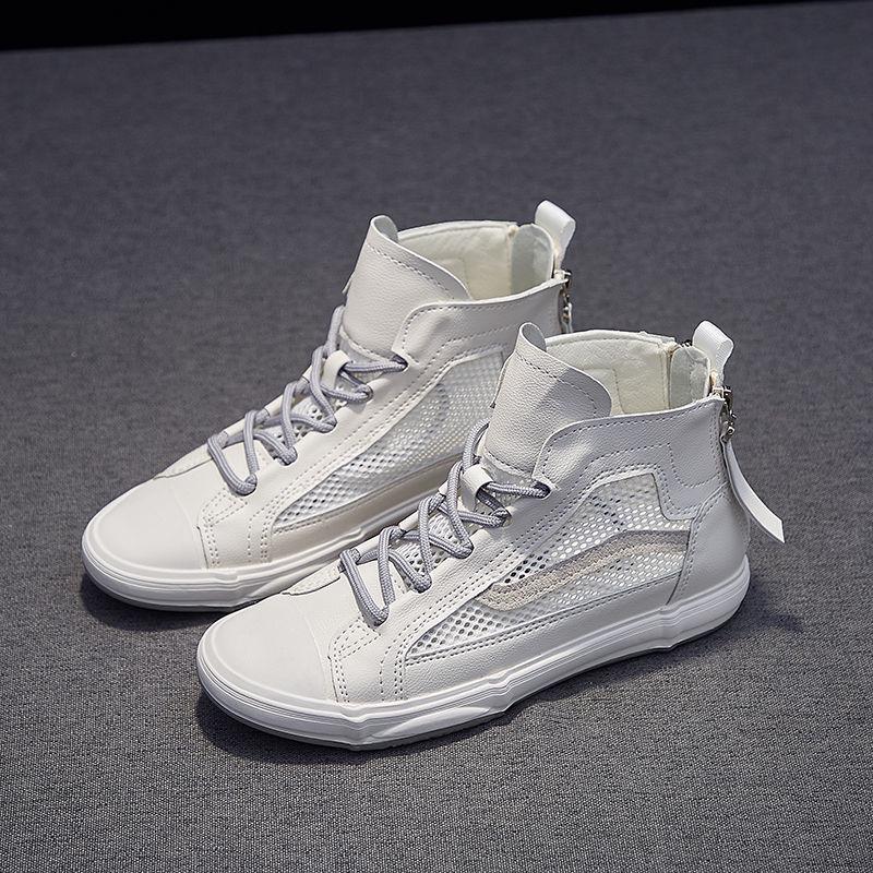 Leather White Shoes High Top 2020 Summer Mesh Breathable High Top Shoes Flat Bottom Wild Hollow Mesh Shoes