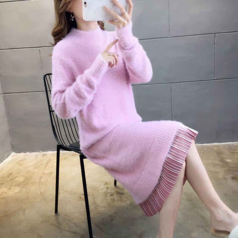 Long Faux Mink Fleece Sweater Winter Bottoming Sweater Thick Warm Knitted Lace Stitching Mohair Sweater Dress