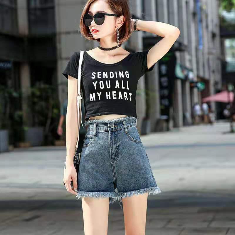 WTEMPO Denim Shorts Female Summer Students Loose High Waist Raw Edge Wide Legs Wild Plus Size Pants