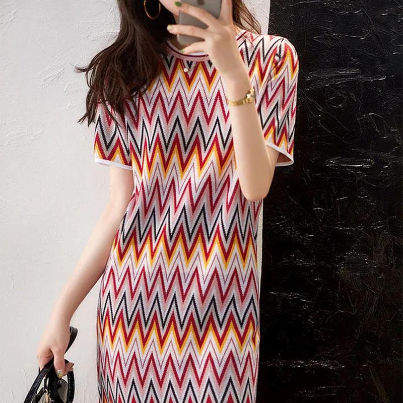 Sweet Colorful Diamond-shaped Dress Women's Round Neck Thin Mid-length Bag Hip Straight Dress Summer Loose Geometric Printing Dress