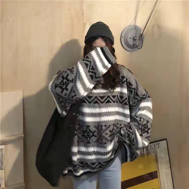 Autumn and Winter Stripe Long-sleeved Jacquard Sweater Loose Round Neck Female Sweater Wild